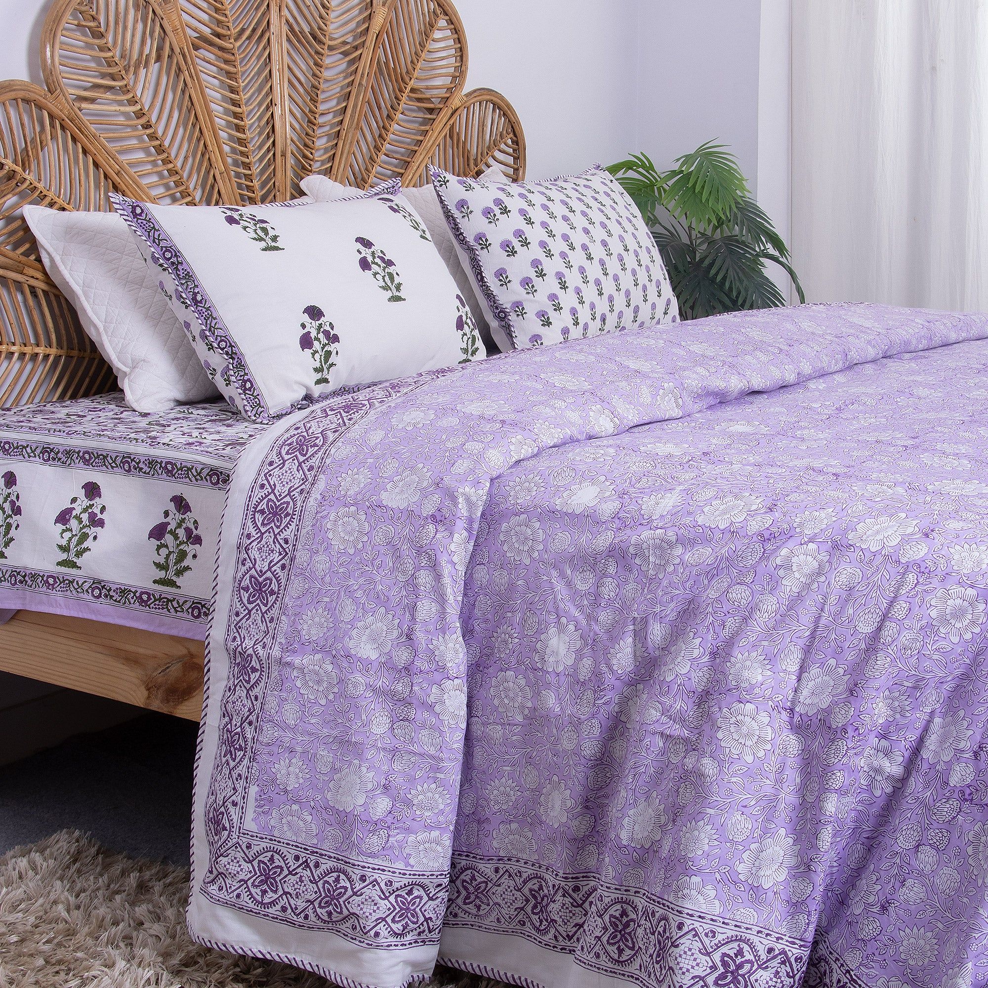 Hand Block Floral Printed Pure Soft Cotton Purple Dohar Blanket